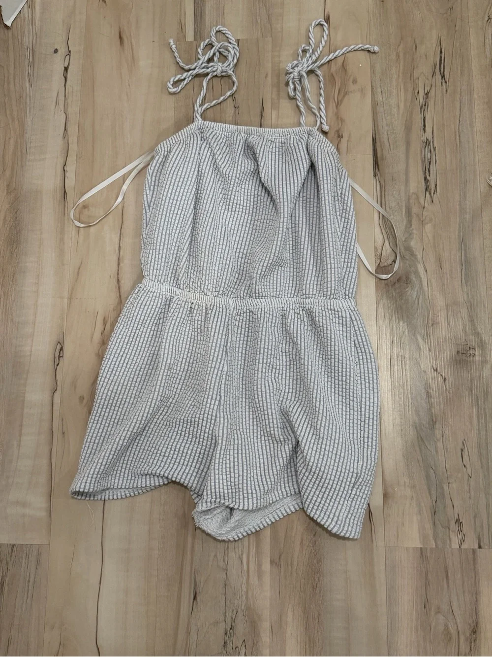 Green Envelope Cream and Gray Striped Tie-Shoulder One-Piece